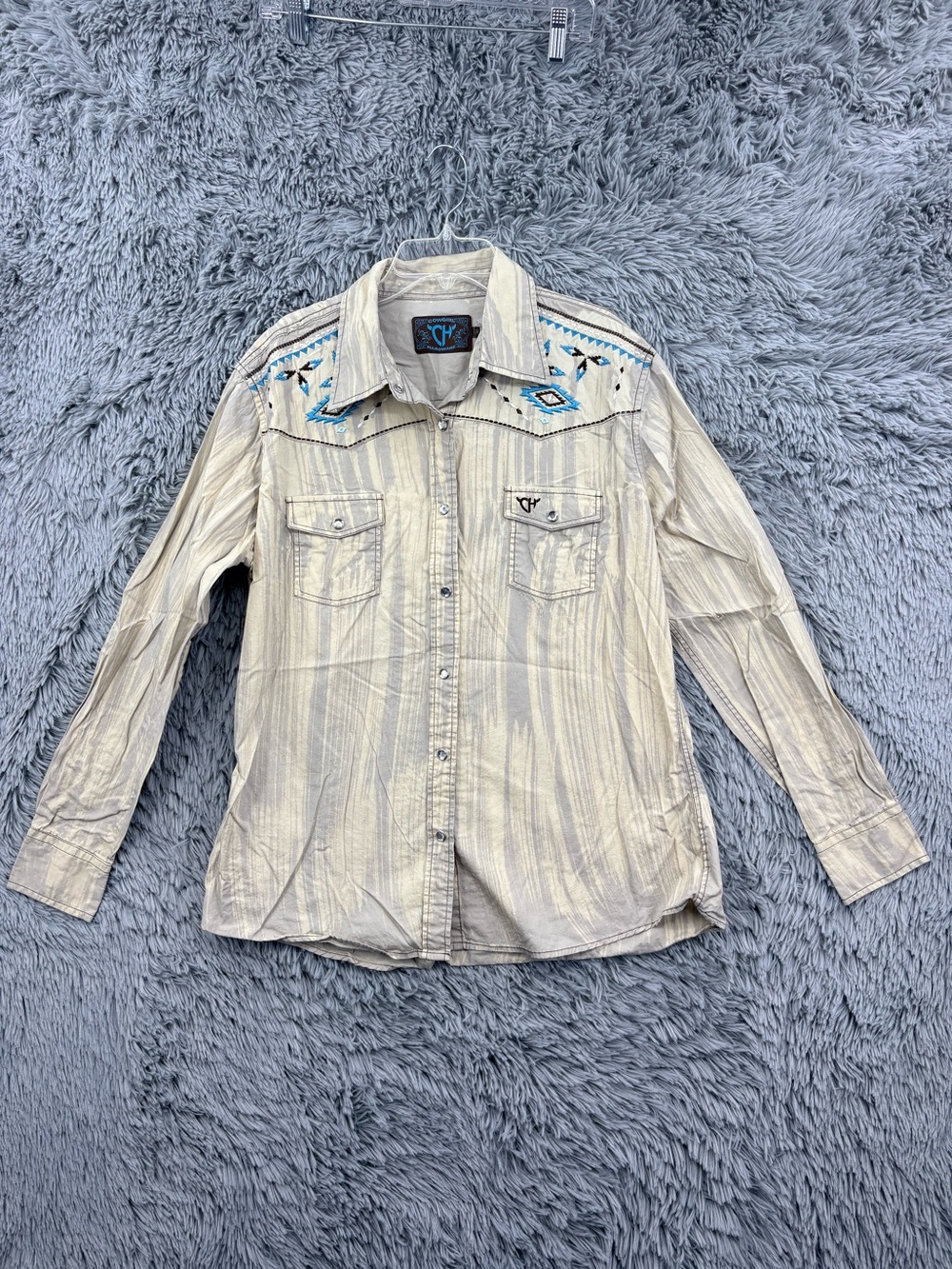 Cowgirl Hardware Western Shirt Womens Large Pearl Snap Aztec Embroidery Tan Gray